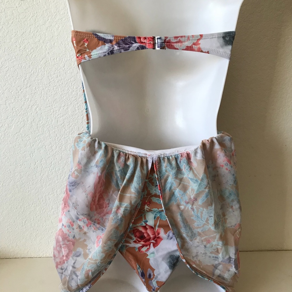 Tan Flower Monokini Padded Bra One-Piece Swimsuit - Picture 5 of 8